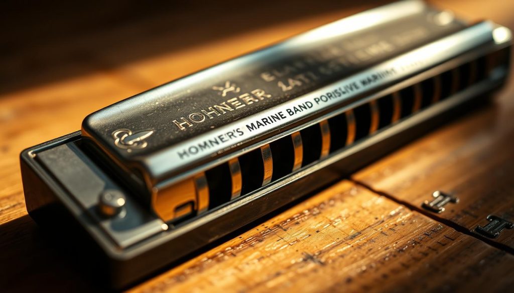 A detailed close-up of a vintage Hohner Marine Band harmonica, showcasing its iconic design and construction. The harmonica rests on a wooden surface, illuminated by warm, directional lighting that casts subtle shadows, highlighting its intricate metal components and the grains of the wood. The perspective places the viewer at eye-level, inviting an appreciation for the craftsmanship and attention to detail of this classic musical instrument. The image conveys a sense of nostalgia and the rich heritage of the country music genre.