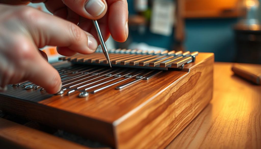 A detailed close-up view of a kalimba, focusing on the tuning process of its metal tines. The foreground showcases a skilled hand gently adjusting one of the metal tines with a small tuning tool, emphasizing precision and care. In the middle, the kalimba is placed on a wooden table, its polished surface reflecting soft, warm light, highlighting the intricate craftsmanship and natural grains of the wood. The background is softly blurred, suggesting a cozy workshop setting with hints of musical notes and tools faintly visible, creating an atmosphere of creativity and focus. The lighting is warm and inviting, evoking a sense of tranquility and artistry.