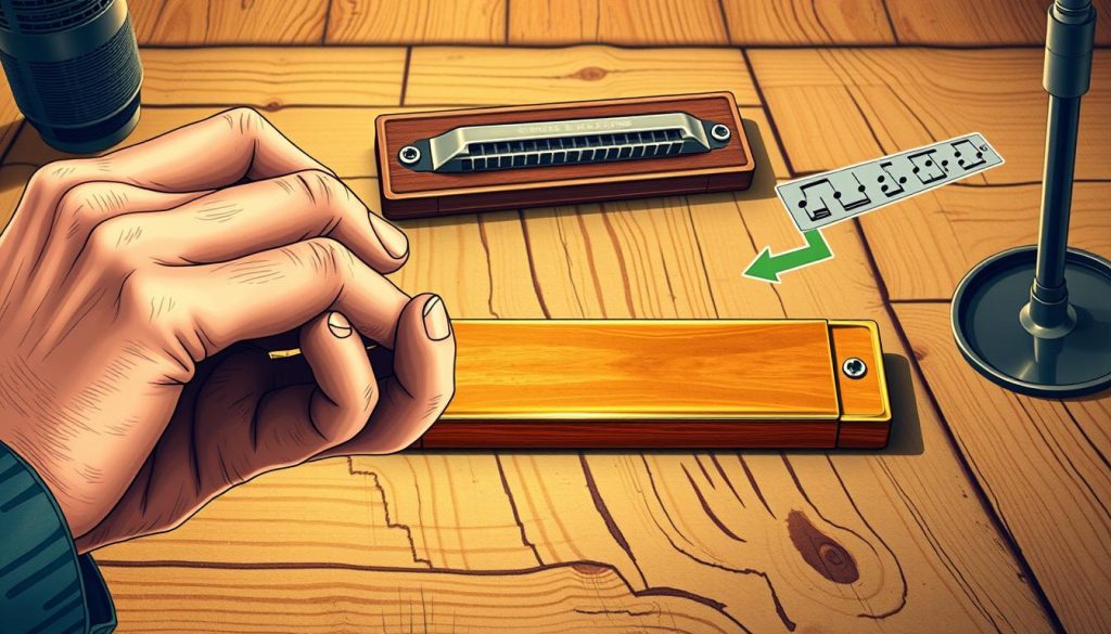A detailed, technical illustration showcasing various harmonica playing positions, captured in a warm, country-inspired setting. The foreground features a close-up view of a musician's hands delicately navigating the harmonica, highlighting the intricate finger movements and subtle embouchure required for different playing techniques. The middle ground showcases the harmonica itself, with its distinctive wooden casing and metallic reeds, bathed in soft, golden light. The background depicts a rustic, weathered wooden surface, evoking the aesthetic of a country music recording studio or a cozy, down-to-earth performance space. The overall mood is one of craftsmanship, expertise, and the spirit of traditional country music.