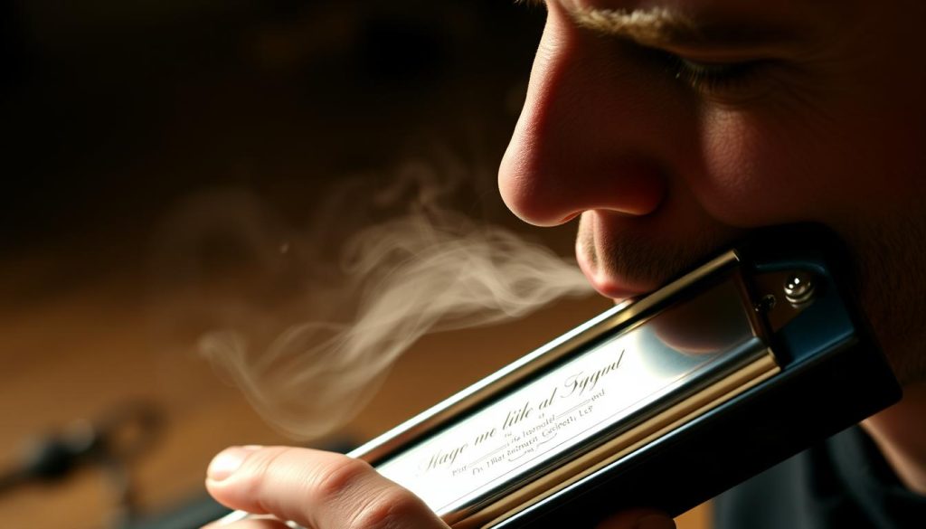 A harmonicist's face, lips pursed, gently exhaling a stream of souffle-like air into a harmonica. The instrument is held at a slight angle, its intricate metalwork and reeds catching the soft, warm light. The player's eyes are focused, brows slightly furrowed, as they meticulously control the airflow to produce a lilting, melancholic melody. The background is hazy, with hints of a wooden tabletop or stage, creating a sense of intimacy and performance. The overall mood is contemplative, capturing the nuanced technique and artistry required to master the harmonica's tremolo effects. A harmonicist's face, lips pursed, gently exhaling a stream of souffle-like air into a harmonica. The instrument is held at a slight angle, its intricate metalwork and reeds catching the soft, warm light. The player's eyes are focused, brows slightly furrowed, as they meticulously control the airflow to produce a lilting, melancholic melody. The background is hazy, with hints of a wooden tabletop or stage, creating a sense of intimacy and performance. The overall mood is contemplative, capturing the nuanced technique and artistry required to master the harmonica's tremolo effects.