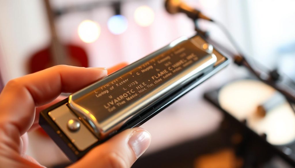 A harmonious melody emanates from a vintage harmonica, its metallic tones resonating with warmth and expression. The instrument is held in the foreground, captured in a close-up shot with a shallow depth of field, drawing the viewer's attention to the intricate details of the harmonica's structure and the player's skilled hands. In the middle ground, a soft, blurred background suggests a stage or performance setting, hinting at the musical context. The overall atmosphere conveys a sense of nostalgia and the enduring power of timeless musical genres, as embodied by the iconic harmonica.