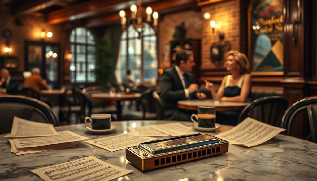 A lush, romantic French café scene, with a mid-20th century aesthetic. In the foreground, a vintage-style harmonica lies on a marble-topped table, surrounded by a scattered assortment of sheet music and handwritten musical notes. The middle ground features two Parisian cafe patrons, a man and a woman, engaged in animated conversation over small cups of espresso. The background is filled with the warm, muted tones of a dimly lit, cozy interior, with wooden beams, brick walls, and the soft glow of wall sconces. The overall atmosphere evokes a nostalgic, distinctly Gallic mood, perfect for exploring the timeless "classiques francophones" of the harmonica repertoire.