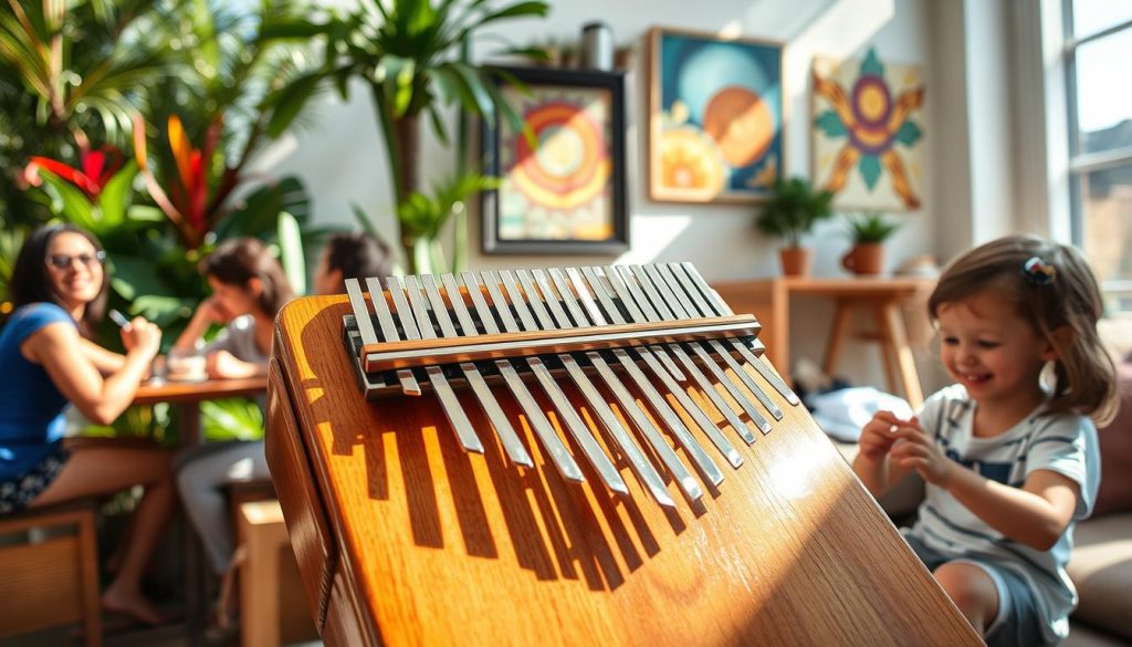 A modern kalimba placed prominently in the foreground, showcasing its beautiful wooden structure and gleaming metal tines. Surrounding it are various scenes of people engaging with the instrument: a group of friends playing it together outdoors, an individual performing at a cozy café, and a child happily experimenting with it in a sunny living room. In the background, vibrant greenery and colorful art add to the lively atmosphere. Natural sunlight streams in, creating soft highlights on the kalimba's surface, enhancing its appeal. The lens perspective captures the warmth and joy associated with playing the kalimba today, evoking a sense of community and creativity. A modern kalimba placed prominently in the foreground, showcasing its beautiful wooden structure and gleaming metal tines. Surrounding it are various scenes of people engaging with the instrument: a group of friends playing it together outdoors, an individual performing at a cozy café, and a child happily experimenting with it in a sunny living room. In the background, vibrant greenery and colorful art add to the lively atmosphere. Natural sunlight streams in, creating soft highlights on the kalimba's surface, enhancing its appeal. The lens perspective captures the warmth and joy associated with playing the kalimba today, evoking a sense of community and creativity.