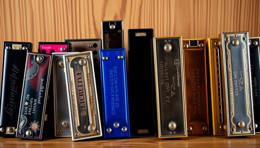 A neatly arranged display of harmonicas in various colors and sizes, capturing the essence of "modèles recommandés" for country music. The harmonicas are showcased against a warm, wooden background, with soft, directional lighting accentuating their intricate details. The harmonicas are arranged in a visually appealing manner, hinting at their individual tonal qualities and the diverse options available to the musician. The overall mood evokes a sense of rustic charm and the timeless appeal of country music, setting the stage for the article's discussion on recommended harmonica models.