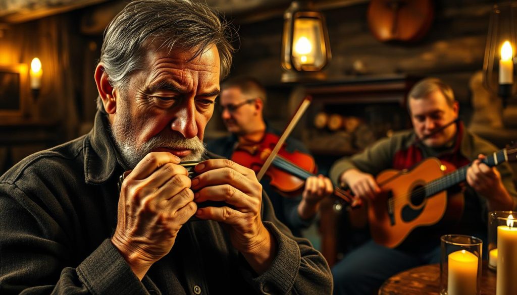 A rustic, dimly lit tavern interior, with a group of Québécois musicians performing traditional folk music. In the foreground, a weathered harmonica player, brow furrowed in concentration, his hands expertly coaxing rich, emotive notes from the instrument. Surrounding him, a string ensemble - a fiddle, a guitar, and a rhythmic spoons player - accompany the harmonica's plaintive melody. In the background, the warm glow of candles and oil lamps cast a soft, inviting light, hinting at the rich cultural heritage and intimate ambiance of this traditional Québécois music scene. The overall atmosphere evokes a sense of timeless tradition, rooted in the history and identity of the region. A rustic, dimly lit tavern interior, with a group of Québécois musicians performing traditional folk music. In the foreground, a weathered harmonica player, brow furrowed in concentration, his hands expertly coaxing rich, emotive notes from the instrument. Surrounding him, a string ensemble - a fiddle, a guitar, and a rhythmic spoons player - accompany the harmonica's plaintive melody. In the background, the warm glow of candles and oil lamps cast a soft, inviting light, hinting at the rich cultural heritage and intimate ambiance of this traditional Québécois music scene. The overall atmosphere evokes a sense of timeless tradition, rooted in the history and identity of the region.