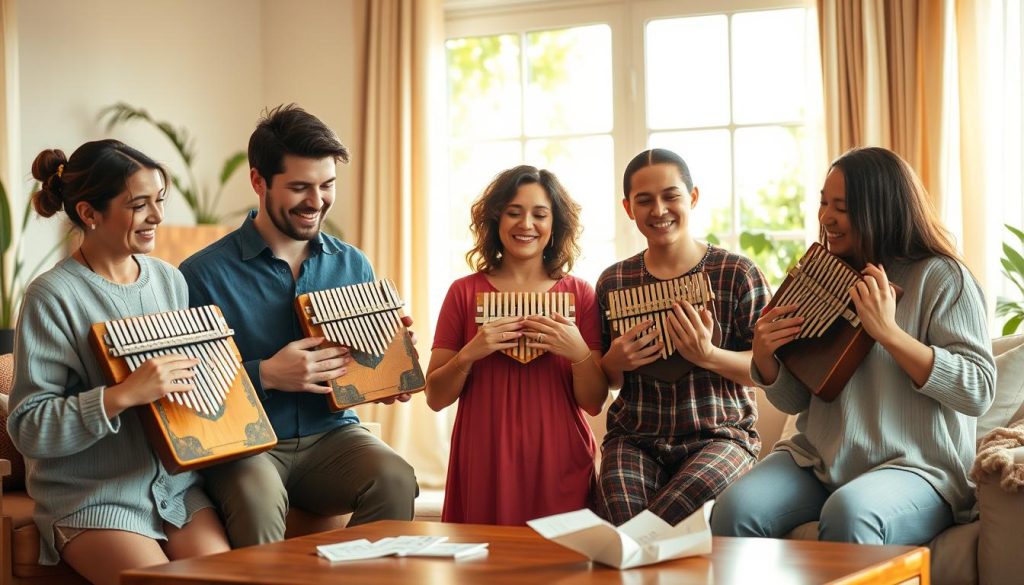 A serene family scene with a diverse group of five individuals, representing a musical family, joyfully playing kalimbas. In the foreground, each family member holds a different size of kalimba, showcasing various colorful designs and textures. The middle layer exhibits a cozy living room filled with warm, inviting light streaming through large windows, illuminating wooden furniture and musical notes scattered on a nearby table. In the background, soft greenery peeks through the windows, enhancing the tranquil atmosphere. The mood is lively yet harmonious, radiating warmth and togetherness. Use a slightly blurred background effect to focus on the family, with a soft, natural color palette. Capture the essence of music, joy, and connection in this artistic representation. A serene family scene with a diverse group of five individuals, representing a musical family, joyfully playing kalimbas. In the foreground, each family member holds a different size of kalimba, showcasing various colorful designs and textures. The middle layer exhibits a cozy living room filled with warm, inviting light streaming through large windows, illuminating wooden furniture and musical notes scattered on a nearby table. In the background, soft greenery peeks through the windows, enhancing the tranquil atmosphere. The mood is lively yet harmonious, radiating warmth and togetherness. Use a slightly blurred background effect to focus on the family, with a soft, natural color palette. Capture the essence of music, joy, and connection in this artistic representation.