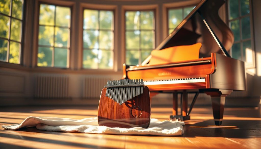 A serene room filled with the warm glow of natural sunlight streaming through large windows, casting gentle patterns on a polished wooden floor. In the foreground, a beautifully crafted kalimba with a glossy finish rests on a soft, textured cloth, showcasing its vibrant wooden tones. The middle ground features a grand piano with its lid open, revealing intricate keys gleaming under the light, hinting at rich harmonies and melodies. Behind, a blurred background of lush greenery visible through the windows adds a tranquil outdoor ambiance. The overall mood is peaceful and inviting, embodying the themes of sound and resonance, with soft shadows enhancing the delicate features of the instruments. The scene is shot from a slightly elevated angle, creating a dynamic perspective that captures both instruments harmoniously.