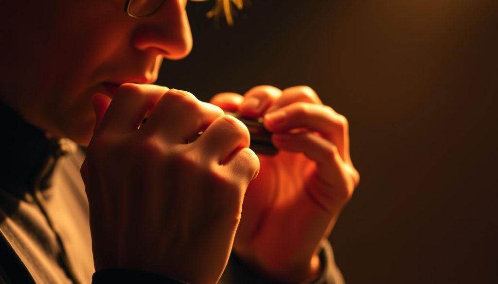 A skilled harmonica player performing a subtle and melodic piece, their instrument illuminated by warm, diffused lighting that creates a cozy, intimate atmosphere. The player's hands are captured in close-up, fingers delicately manipulating the harmonica's reeds, while their face is partially obscured, allowing the viewer to focus on the music itself. The background is softly blurred, hinting at a serene, contemplative setting, perhaps a stage or a dimly lit room. The overall composition conveys a sense of artistry, concentration, and the emotional power of the harmonica's voice.