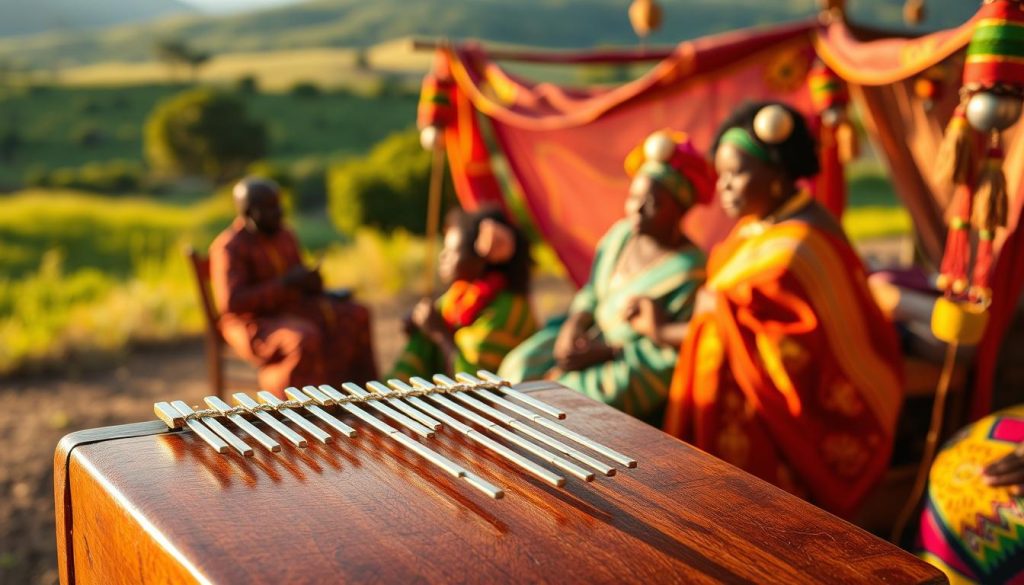 A traditional mbira dzavadzimu placed prominently in the foreground, showcasing its intricate, hand-carved wooden body and metal tines reflecting warm, natural light. In the middle ground, a Shona ceremonial setting with musicians elegantly dressed in vibrant, traditional attire, playing the mbira and surrounded by colorful fabric and ornamental decorations. The background features a lush, green landscape of Zimbabwe that captures the essence of the Shona culture, with vibrant colors conveying a joyful atmosphere. Soft, golden hour lighting casts a warm glow over the entire scene, creating an inviting and spiritual ambiance. The image should evoke the cultural significance and communal spirit of Shona ceremonies, with attention to detail that honors tradition.