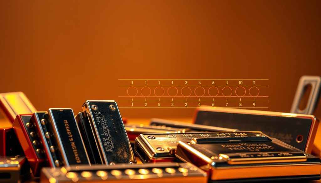 A vibrant display of musical tonalities, captured in a realistic studio setting. In the foreground, a selection of harmonicas in various keys and sizes, their metallic bodies gleaming under warm, directional lighting. In the middle ground, a detailed visual representation of the harmonic series, showcasing the interplay of overtones that gives the tremolo technique its distinctive timbre. The background features a neutral, softly blurred backdrop, allowing the instruments and musical concepts to take center stage. The overall composition conveys a sense of depth, precision, and the technical mastery required to navigate the diverse tonal landscape of the harmonica. A vibrant display of musical tonalities, captured in a realistic studio setting. In the foreground, a selection of harmonicas in various keys and sizes, their metallic bodies gleaming under warm, directional lighting. In the middle ground, a detailed visual representation of the harmonic series, showcasing the interplay of overtones that gives the tremolo technique its distinctive timbre. The background features a neutral, softly blurred backdrop, allowing the instruments and musical concepts to take center stage. The overall composition conveys a sense of depth, precision, and the technical mastery required to navigate the diverse tonal landscape of the harmonica.
