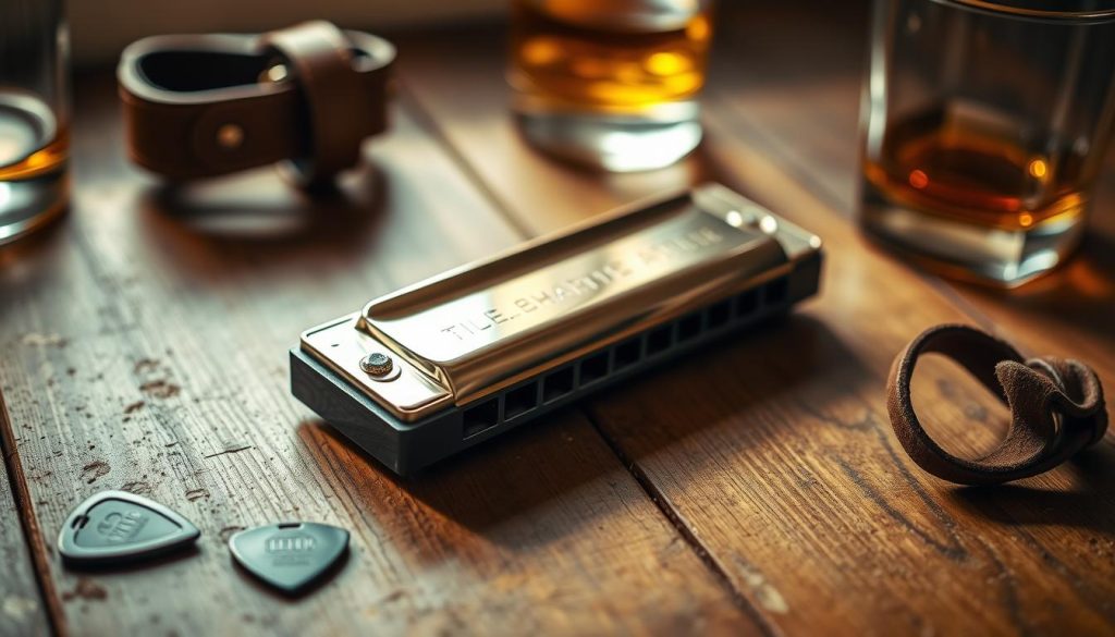 A well-lit, close-up photograph of a harmonica in a country music style. The harmonica is centered in the frame, resting on a worn, wooden table or surface. The harmonica has a classic, chrome finish and is situated amidst a few other country music props such as a vintage guitar pick, a leather wrist cuff, and a small glass of whiskey. The lighting is warm and natural, creating a cozy, rustic atmosphere. The image conveys the feeling of a musician preparing to play some classic country tunes on their trusty harmonica.