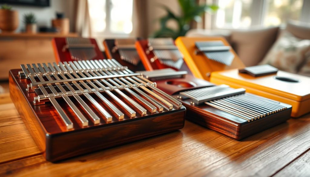 A beautifully arranged display of various high-quality kalimbas on a wooden table, showcasing their craftsmanship and unique designs. In the foreground, focus on a detailed close-up of an elegantly crafted kalimba made from rich mahogany, highlighting its gleaming metal tines and smooth finish. In the middle ground, include a selection of other kalimbas made from different woods like bamboo and walnut, each displaying distinct features like intricate carvings and vibrant colors. The background should be softly blurred, featuring a cozy room setting with warm, natural lighting filtering through a nearby window, creating a serene and inviting atmosphere. This composition should evoke a sense of exploration and appreciation for quality musical instruments, suitable for anyone seeking to choose the perfect kalimba. A beautifully arranged display of various high-quality kalimbas on a wooden table, showcasing their craftsmanship and unique designs. In the foreground, focus on a detailed close-up of an elegantly crafted kalimba made from rich mahogany, highlighting its gleaming metal tines and smooth finish. In the middle ground, include a selection of other kalimbas made from different woods like bamboo and walnut, each displaying distinct features like intricate carvings and vibrant colors. The background should be softly blurred, featuring a cozy room setting with warm, natural lighting filtering through a nearby window, creating a serene and inviting atmosphere. This composition should evoke a sense of exploration and appreciation for quality musical instruments, suitable for anyone seeking to choose the perfect kalimba.