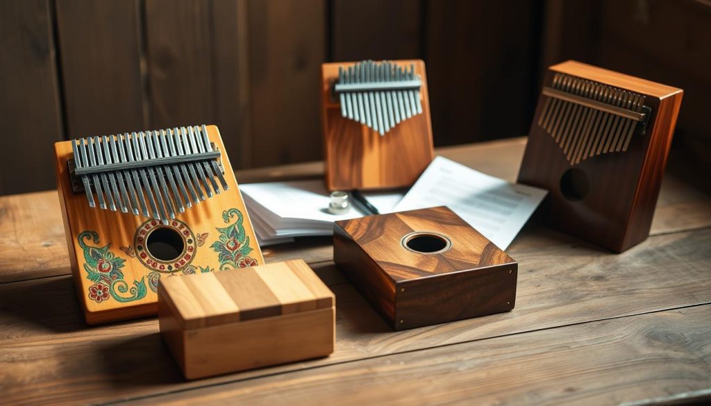 A beautifully arranged scene showcasing three different kalimbas positioned on a rustic wooden table. In the foreground, place a beginners' kalimba with colorful carvings and 21 clearly visible tines, alongside an intermediate kalimba with a more elaborate design and polished finish. The background features a more advanced kalimba, characterized by its intricate body and high-quality materials. Soft, warm lighting highlights the natural wood grains of each instrument, casting gentle shadows. In the middle, include a set of tuning tools and sheet music to convey the different usage levels. The atmosphere should feel inviting and educational, perfect for a music enthusiast exploring their options. Capture this from a slightly elevated angle to show all instruments clearly while maintaining a focus on detail and craftsmanship.