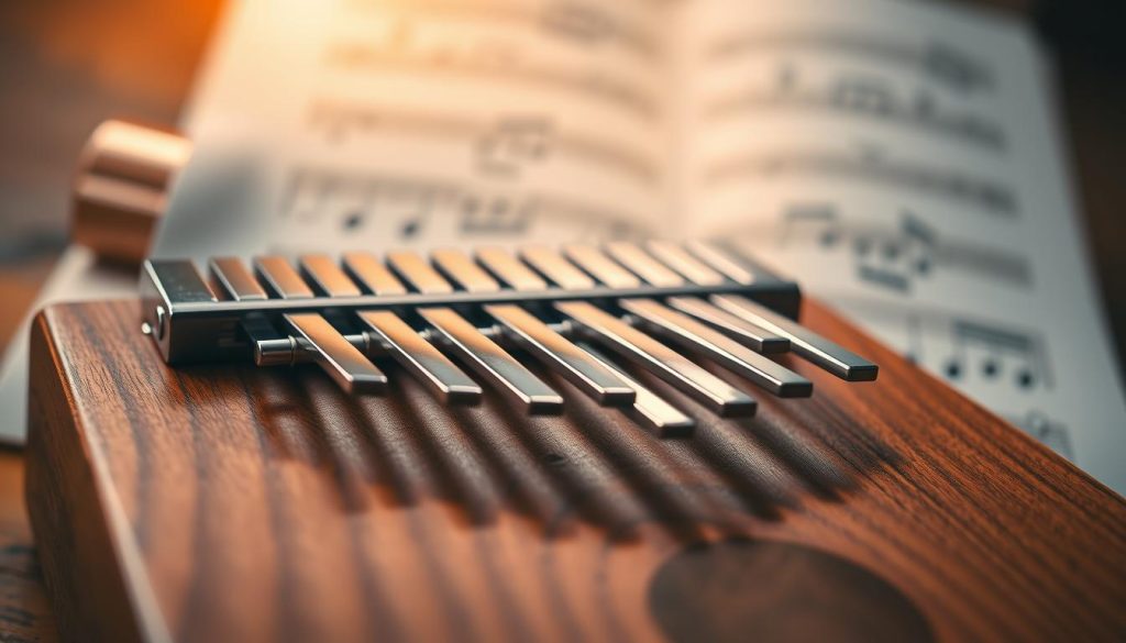 A close-up view of a beautifully crafted kalimba, showcasing its eight metal tines, each finely tuned to produce distinct musical notes. The foreground features a polished wooden body with elegant grain patterns, emphasizing craftsmanship. In the middle, the tines are arranged neatly, reflecting light in various shades, creating a harmonious atmosphere. In the background, a soft-focus depiction of musical notes on sheet music adds depth, with gentle lighting that casts a serene glow. The composition suggests a quiet, contemplative mood, inviting viewers to appreciate the delicate interplay of sound and design in the kalimba. The entire scene is enriched by warm, natural lighting, capturing the essence of music and craftsmanship. A close-up view of a beautifully crafted kalimba, showcasing its eight metal tines, each finely tuned to produce distinct musical notes. The foreground features a polished wooden body with elegant grain patterns, emphasizing craftsmanship. In the middle, the tines are arranged neatly, reflecting light in various shades, creating a harmonious atmosphere. In the background, a soft-focus depiction of musical notes on sheet music adds depth, with gentle lighting that casts a serene glow. The composition suggests a quiet, contemplative mood, inviting viewers to appreciate the delicate interplay of sound and design in the kalimba. The entire scene is enriched by warm, natural lighting, capturing the essence of music and craftsmanship.