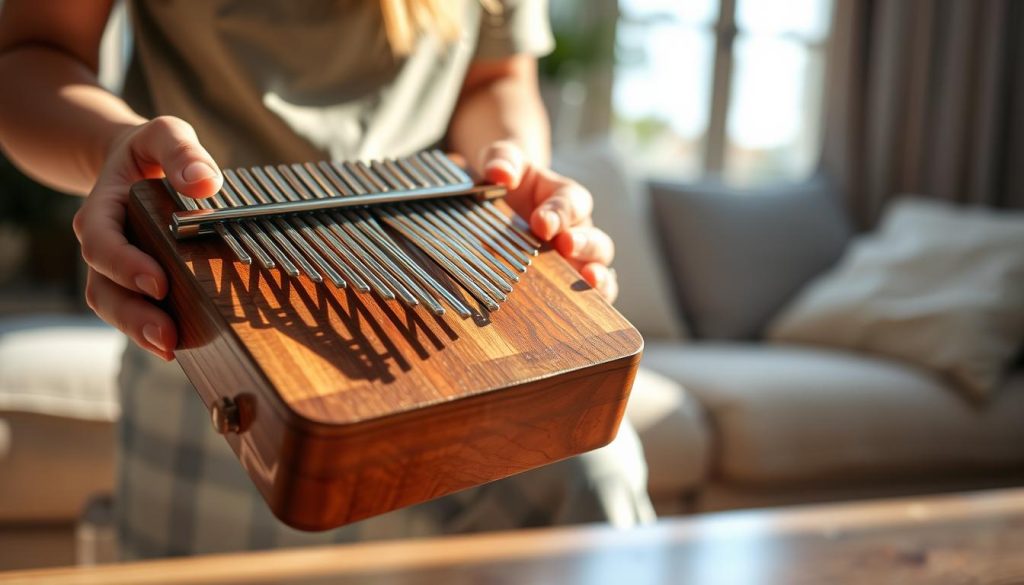 A close-up view of a beautifully crafted kalimba with 21 keys, focusing on its ergonomic design. The kalimba is made of fine wood with a polished finish, glistening under soft, natural light that creates a warm atmosphere. In the foreground, the instrument is held gently by a person dressed in relaxed, casual clothing, demonstrating ease of playability. The background includes a serene indoor setting, with soft furnishings and a window allowing gentle daylight to filter in, enhancing the feeling of comfort. Subtle reflections on the wooden surface highlight the craftsmanship, while the overall composition evokes a sense of tranquility and enjoyment in everyday music-making.
