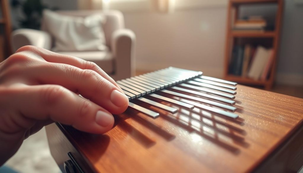A close-up view of a person playing a kalimba, focusing on their thumbs gently pressing the keys, with a soft, natural light illuminating the instrument's wooden surface. The kalimba has 17 metal tines, showcasing a mix of metallic shine and warm wood tones. In the background, a cozy and inviting atmosphere is created by a blurred setting featuring a comfy chair and a small shelf with music books. The person's hands are in the foreground, with intricate details on their fingers showing the motion of playing simple notes and chords. The overall mood is serene and inspiring, encouraging the viewer to feel the joy of making music. The image captures the essence of learning and creativity, making it perfect for illustrating the concept of playing first notes on a kalimba.