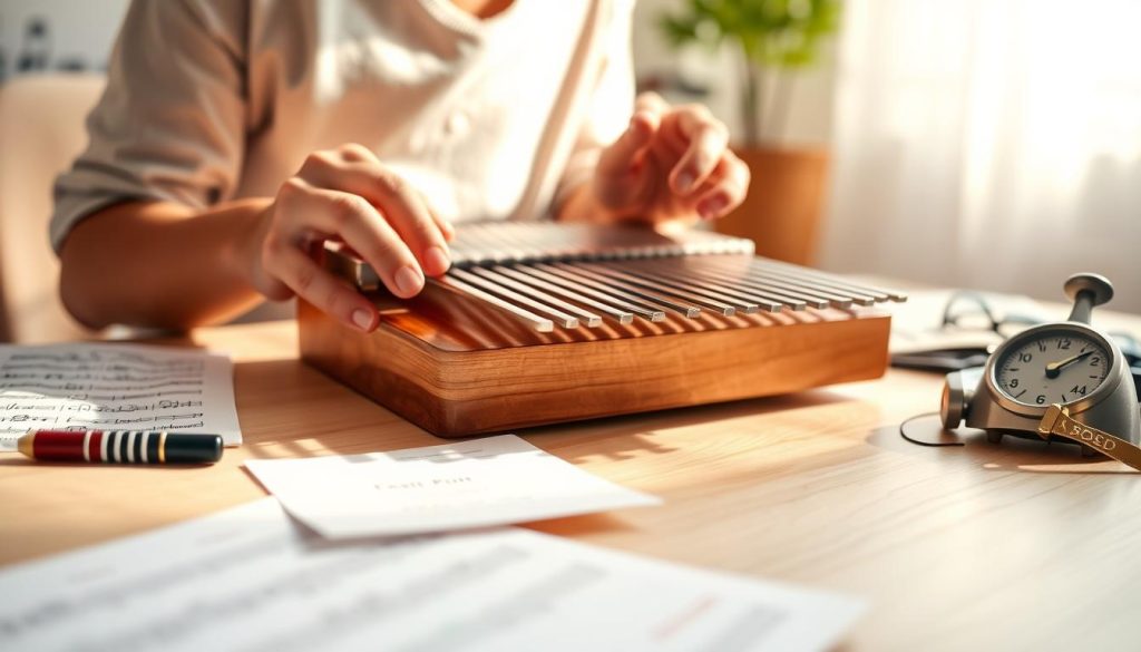 A focused scene showcasing a hands-on experience with a kalimba, featuring a person carefully tuning the instrument. In the foreground, the kalimba rests on a light wooden table, with vibrant notes printed out nearby, emphasizing the importance of accuracy in tuning. The middle ground includes the individual's hands, gently adjusting the tuning pins, showcasing attention to detail and care. Soft, natural lighting filters in through a nearby window, creating a warm and inviting atmosphere. In the background, blurred musical notes and a small metronome hint at a music-filled environment. The composition conveys a sense of calm and focus, ideal for preparing and tuning the 17-note kalimba before playing.