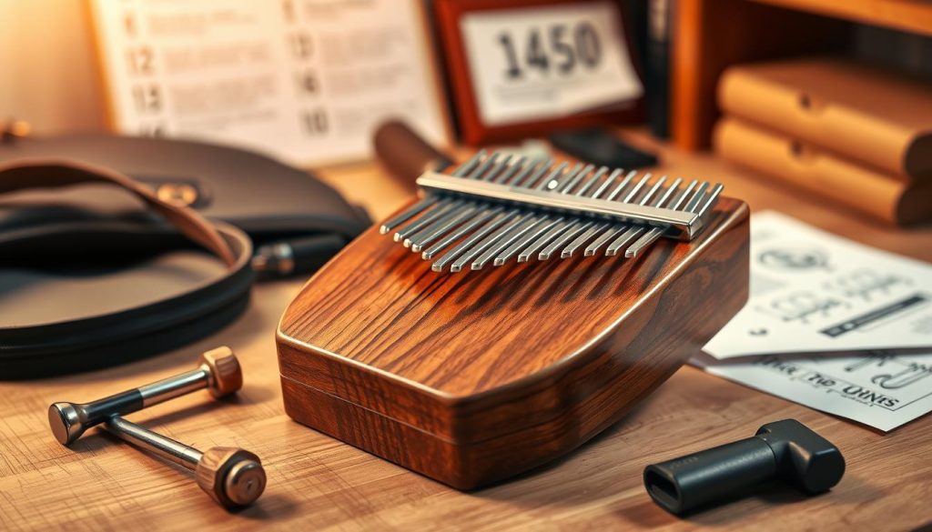 A high-quality image of a "Prix kalimba 21 lames," showcasing the instrument prominently in the foreground. The kalimba features a sleek wooden body with an elegant finish, emphasizing its craftsmanship and the distinct arrangement of 21 metal tines. Surrounding the kalimba, include essential accessories like a tuning hammer and a protective case, subtly arranged to highlight their necessity for maintenance. In the middle ground, depict a soft focus of a well-lit workspace, perhaps with notes on tuning techniques in the background. Utilize warm, inviting lighting to create a cozy atmosphere that invites the viewer to appreciate the richness and beauty of this musical instrument. Capture the scene at a slightly elevated angle to provide a dynamic perspective, ensuring the composition remains polished and professional.