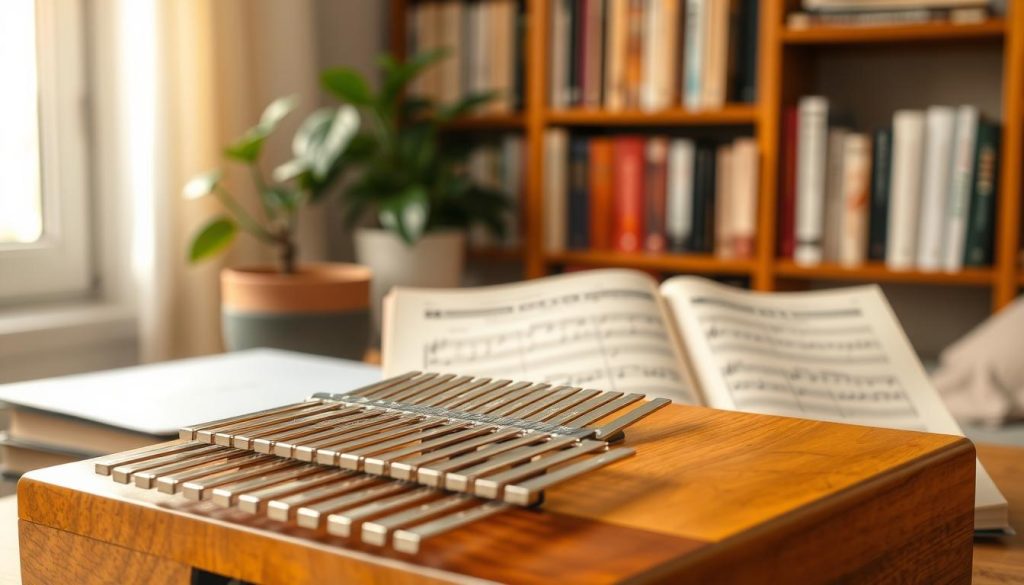 A serene and focused workspace featuring a wooden kalimba with 17 metal tines, displayed prominently in the foreground. The kalimba's keys glimmer softly under warm, diffused lighting, highlighting the natural wood grain. In the middle, an open sheet of music with intricate kalimba notes and symbols is thoughtfully placed beside the kalimba, showing clear and legible notation. The background includes a blurred bookshelf filled with music theory books and a potted plant, suggesting a nurturing learning environment. Soft, natural light filters through a nearby window, creating an inviting and calm atmosphere, encouraging exploration and understanding of music.