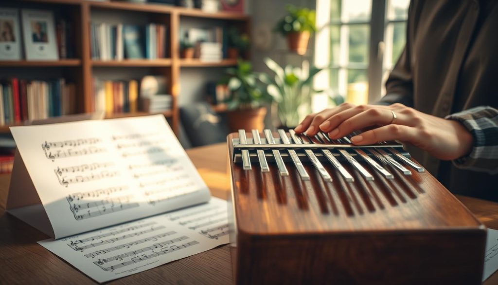 A serene indoor scene featuring a close-up of a kalimba with 21 metal tines, positioned prominently in the foreground. The kalimba rests on a wooden table, surrounded by colorful, handwritten tablature sheets that display notes and tabs for various songs. In the middle ground, a soft, warm light filters through a window, casting gentle shadows that enhance the wooden textures and metallic glimmer of the kalimba. A pair of hands, depicted in modest clothing, are visible as they gently play the instrument, making it look inviting and approachable. The background features shelves filled with music books and a few indoor plants, creating a calm and focused atmosphere perfect for learning. The overall mood is peaceful and encouraging, ideal for an educational setting.