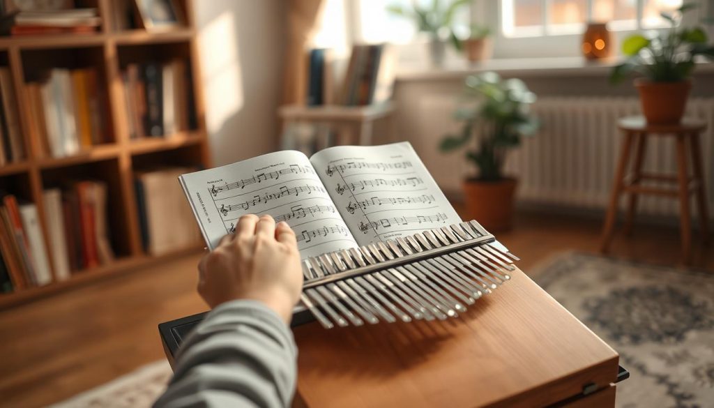 A serene indoor setting featuring a wooden kalimba resting on a music stand, showcasing an open kalimba tablature with colorful notes and symbols. In the foreground, a pair of hands, dressed in modest casual attire, gently hover above the kalimba, poised to play. The middle ground includes a soft-focus background of cozy room elements like a bookshelf filled with music books and a small potted plant, enhancing the inviting atmosphere. Warm natural light filters through a window, casting gentle shadows that add a calming ambiance to the scene. Capture the essence of learning to read kalimba tablature with an encouraging and peaceful vibe.