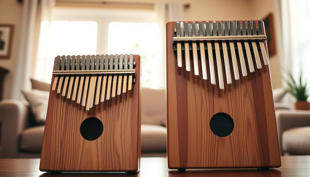 A side-by-side comparison of an 8-note kalimba and a larger kalimba model with more keys. The foreground features a beautifully crafted wooden kalimba with 8 metal tines, showcasing its intricate details and natural wood grain. The middle ground presents a larger kalimba with 17 keys, highlighting the difference in size and complexity. The background consists of a softly blurred living room setting, filled with warm, natural light filtering through a window, creating an inviting atmosphere. The image captures a serene and encouraging mood, appealing to musicians and enthusiasts exploring kalimbas. The angle is slightly above the instruments, showcasing their shape and craftsmanship without any text or distractions. A side-by-side comparison of an 8-note kalimba and a larger kalimba model with more keys. The foreground features a beautifully crafted wooden kalimba with 8 metal tines, showcasing its intricate details and natural wood grain. The middle ground presents a larger kalimba with 17 keys, highlighting the difference in size and complexity. The background consists of a softly blurred living room setting, filled with warm, natural light filtering through a window, creating an inviting atmosphere. The image captures a serene and encouraging mood, appealing to musicians and enthusiasts exploring kalimbas. The angle is slightly above the instruments, showcasing their shape and craftsmanship without any text or distractions.