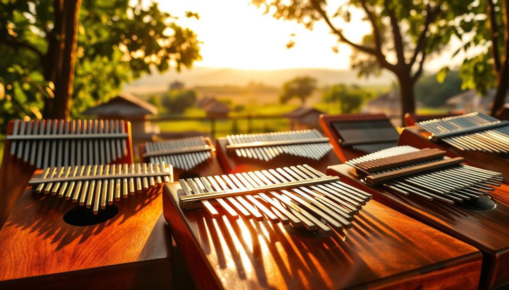 A vibrant and captivating scene showcasing various African thumb pianos, known as kalimbas, displayed in a lush, natural setting. In the foreground, a beautifully crafted kalimba made of polished wood glimmers in the sunlight, its metal tines shimmering. Around it, several other kalimbas from different African cultures are arranged, each with unique designs and colors. In the middle ground, a soft focus on a serene village landscape highlights traditional huts and greenery, suggesting a cultural connection. The background features a warm sunset, casting a golden glow over the scene, enhancing the mood of tranquility and tradition. The image is taken from a slightly elevated angle, capturing the essence of community and the rich heritage surrounding thumb pianos. The lighting is warm and inviting, emphasizing the beauty of the instruments and the environment.